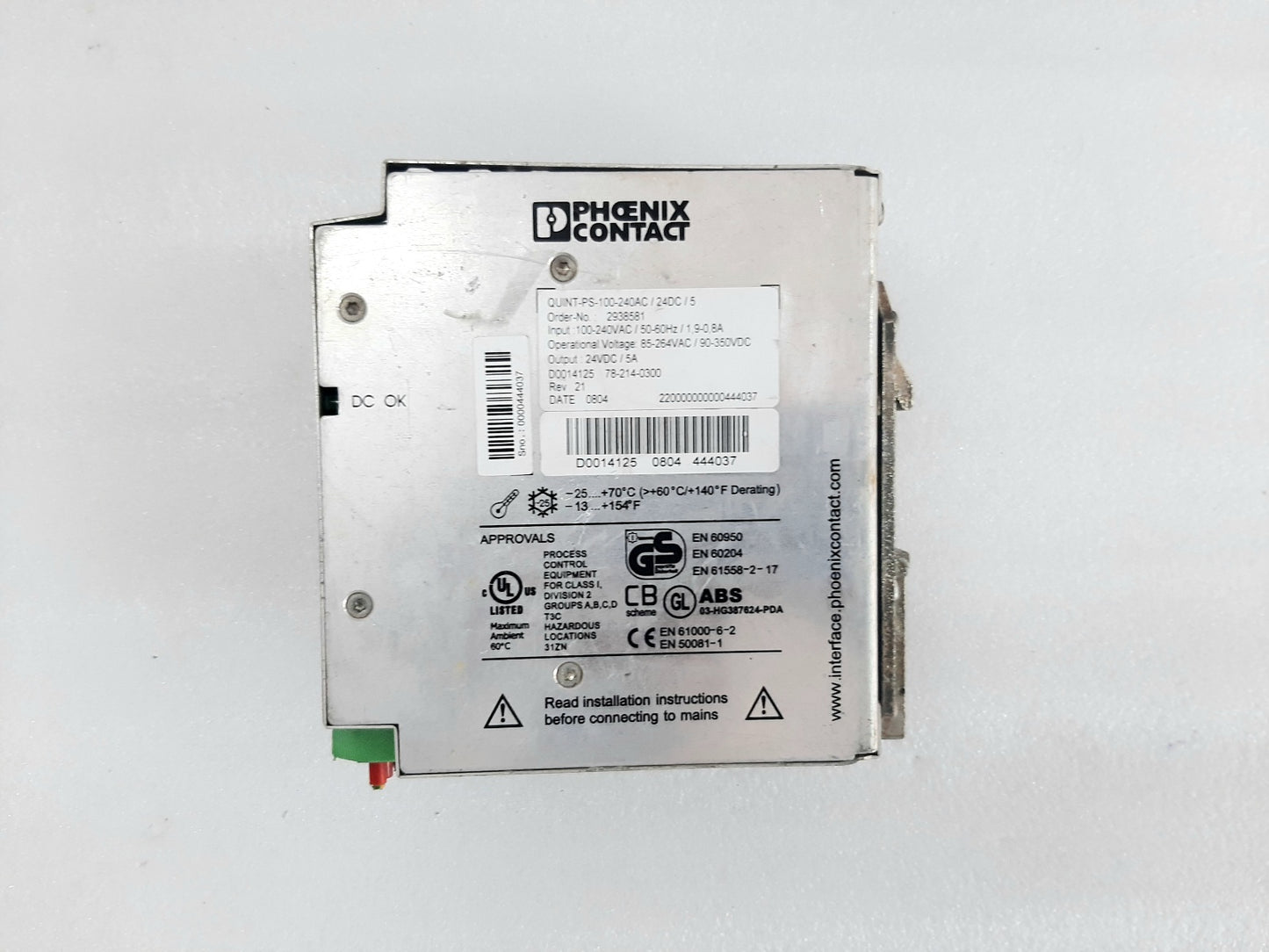 PHOENIX CONTACT QUINT CONTROLLER QUINT-PS-100-240VAC/24DC/5 POWER SUPPLY 2938581