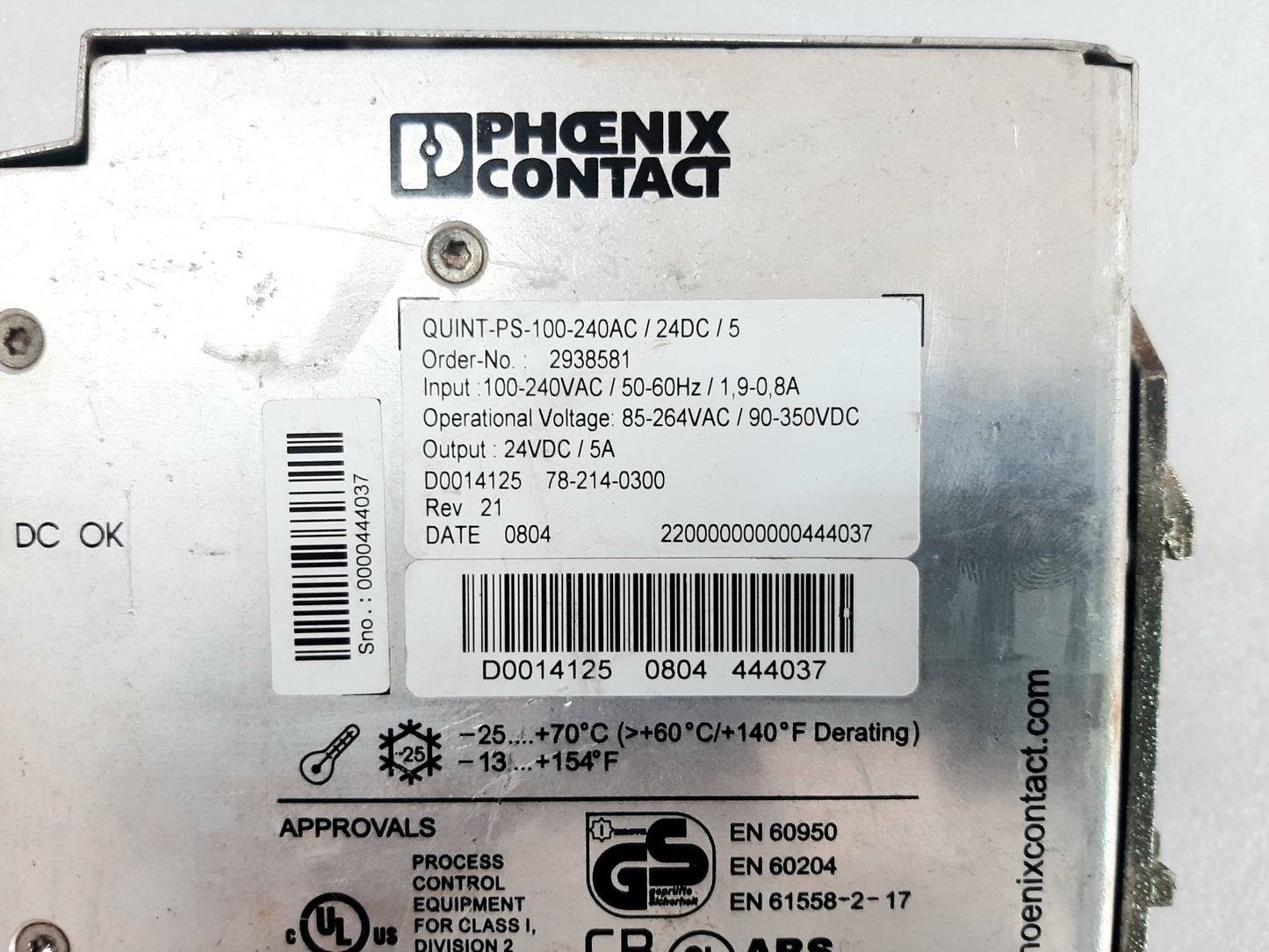 PHOENIX CONTACT QUINT CONTROLLER QUINT-PS-100-240VAC/24DC/5 POWER SUPPLY 2938581