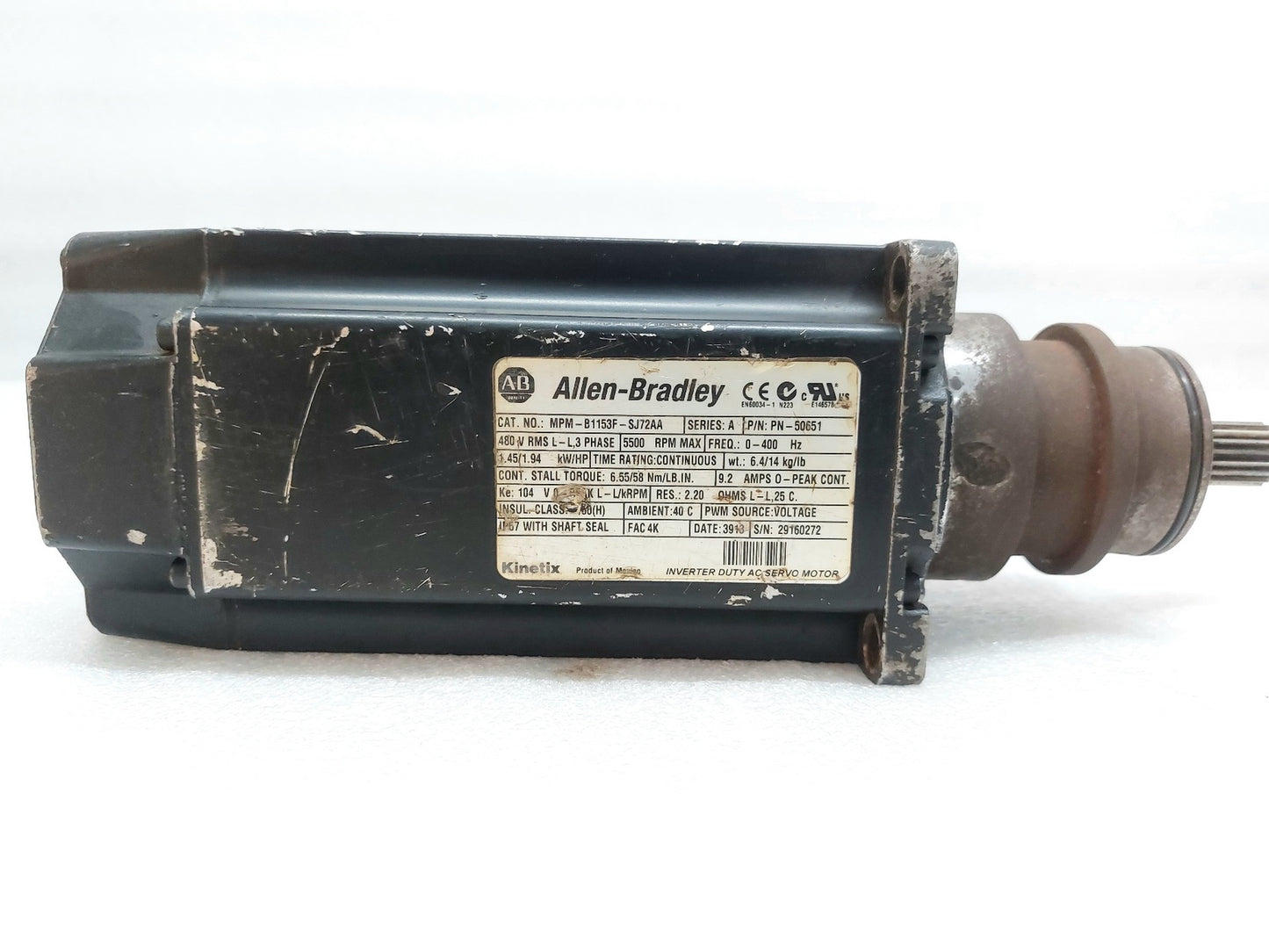 ALLEN-BRADLEY MPM-B1153F-SJ72AA SERVO MOTOR 3 PHASE 5500 RPM MAX, 0-400HZ