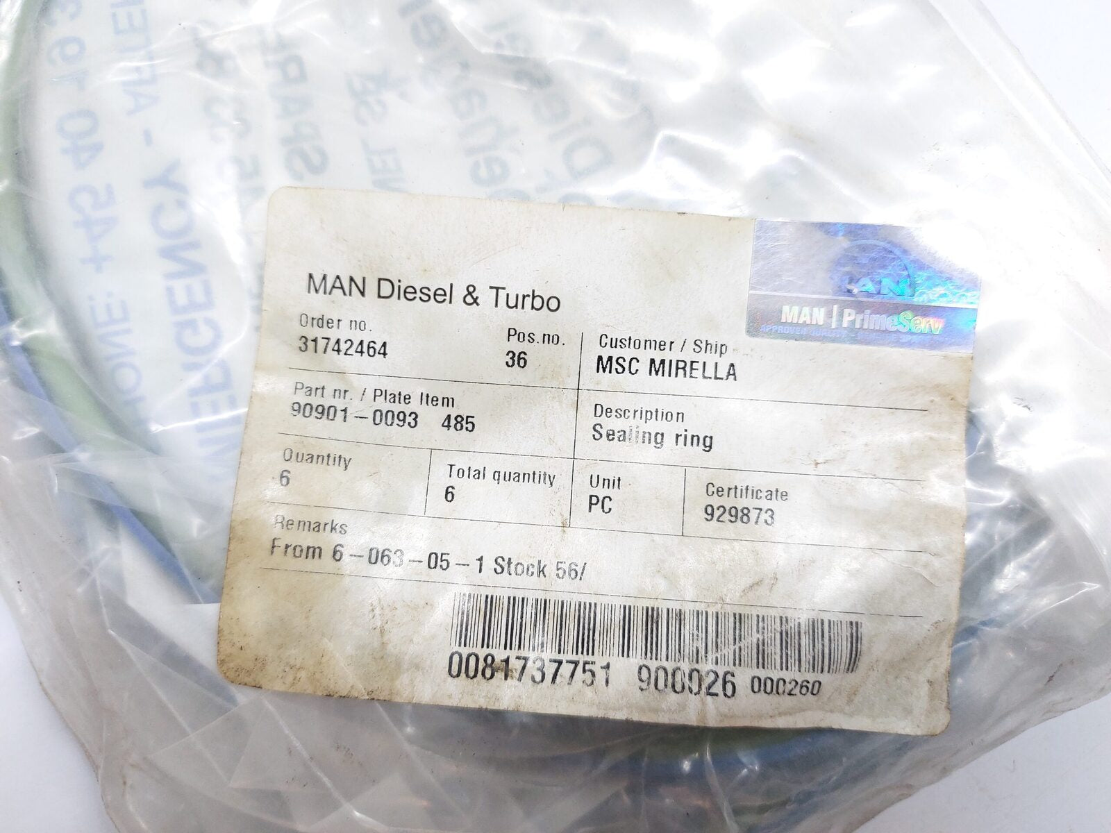 MAN B&W 90901-0093 485 SEALING RING