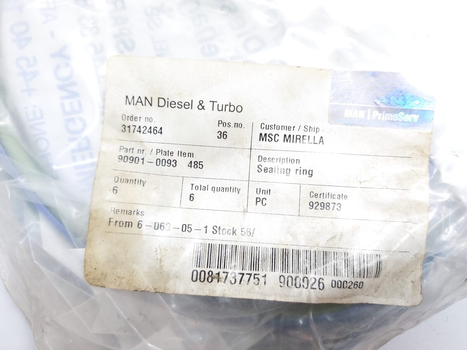 MAN B&W 90901-0093 485 SEALING RING